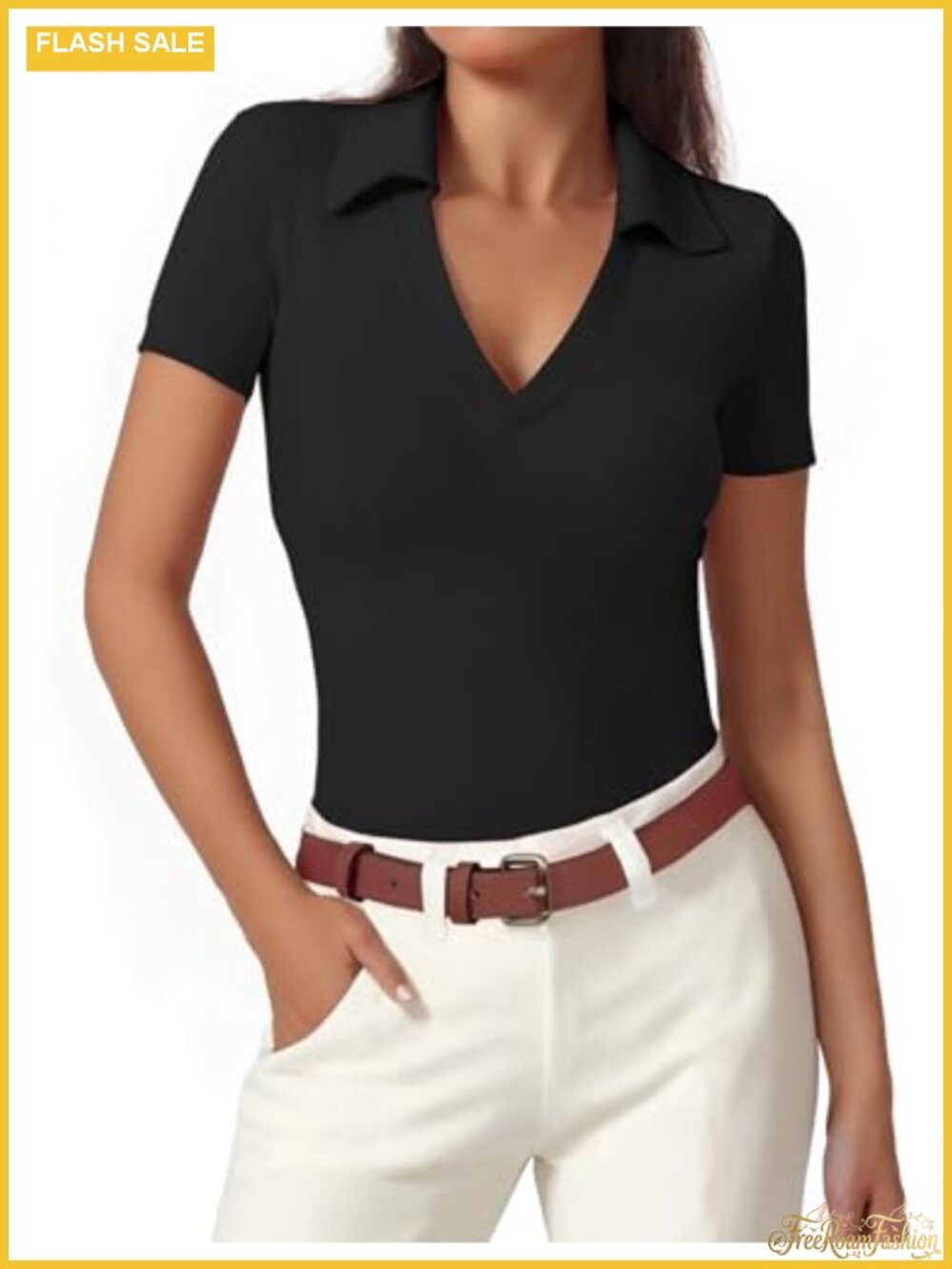 Women's Rayon Blend V Neck Polo Shirt Short Sleeve Fitted Business Casual Work